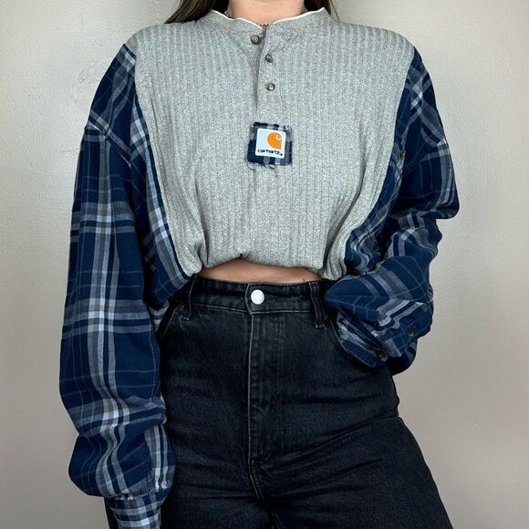 Carhartt Tops - Carhartt Reworked Two Tone Western Long Sleeve Relaxed Plaid Flannel Shirt Top